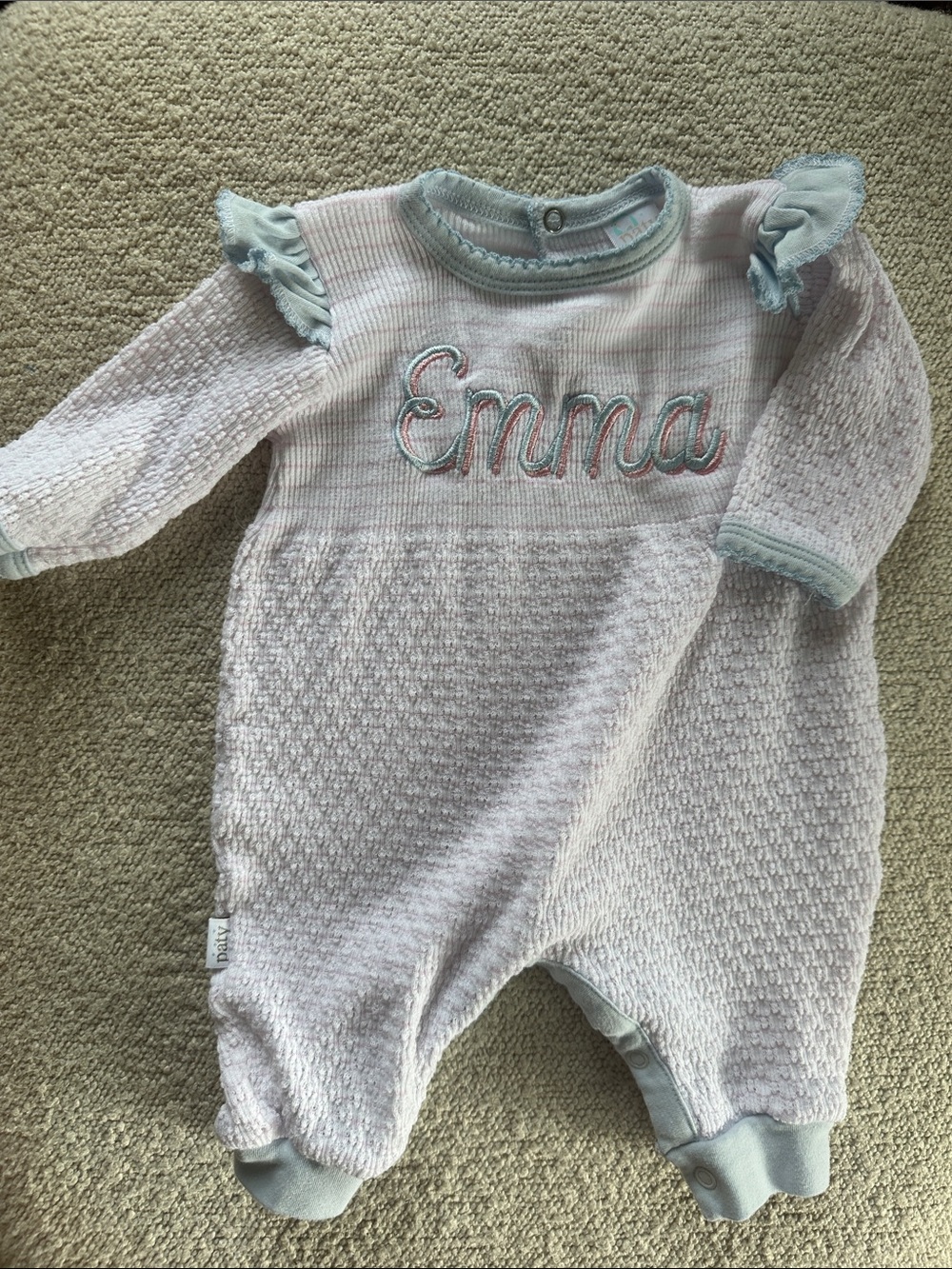 Pima Embroidered 'Emma' Pink & Light Blue Knit Baby Romper